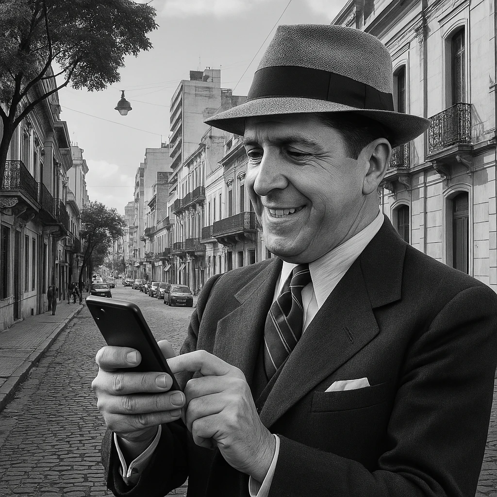 hombre vintage sosteniendo celular