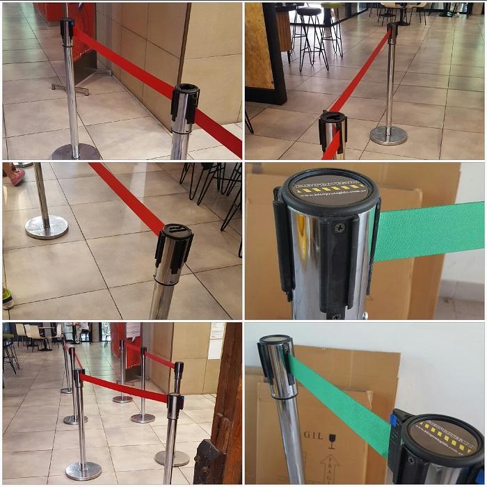 Postes con cinta retráctil. postes con cordones. postes plásticos. tensores para pared con cinta.
