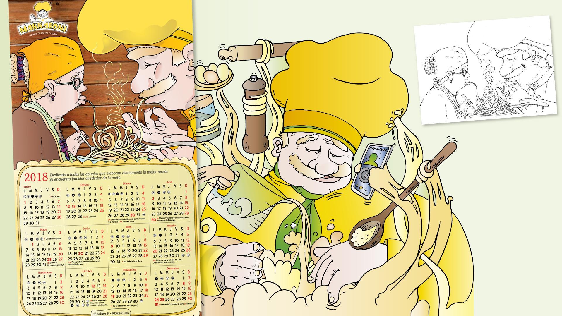 Calendario, impreso, ilustración a mano alzada y coloreado digital