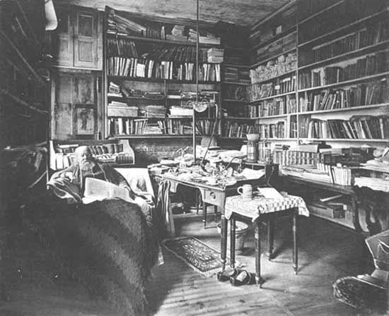 This pictures Constantine Hering in his study just before his death. The table is cluttered with writing material and the manuscripts of his work. The apparatus over the desk was an oil lamp with an attachment that allowed him to regulate it without rising. The picture was supplied by Dr. Jacques Baur, Lyon, France.