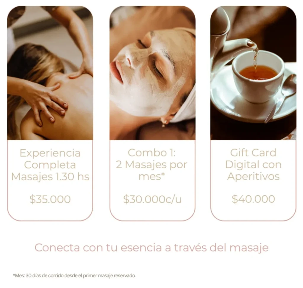 Tabla de Precios octubre 2025 de masajes completo $35000; 2 masajes por mes $30000 cada uno; gift card con aperitivo $40000