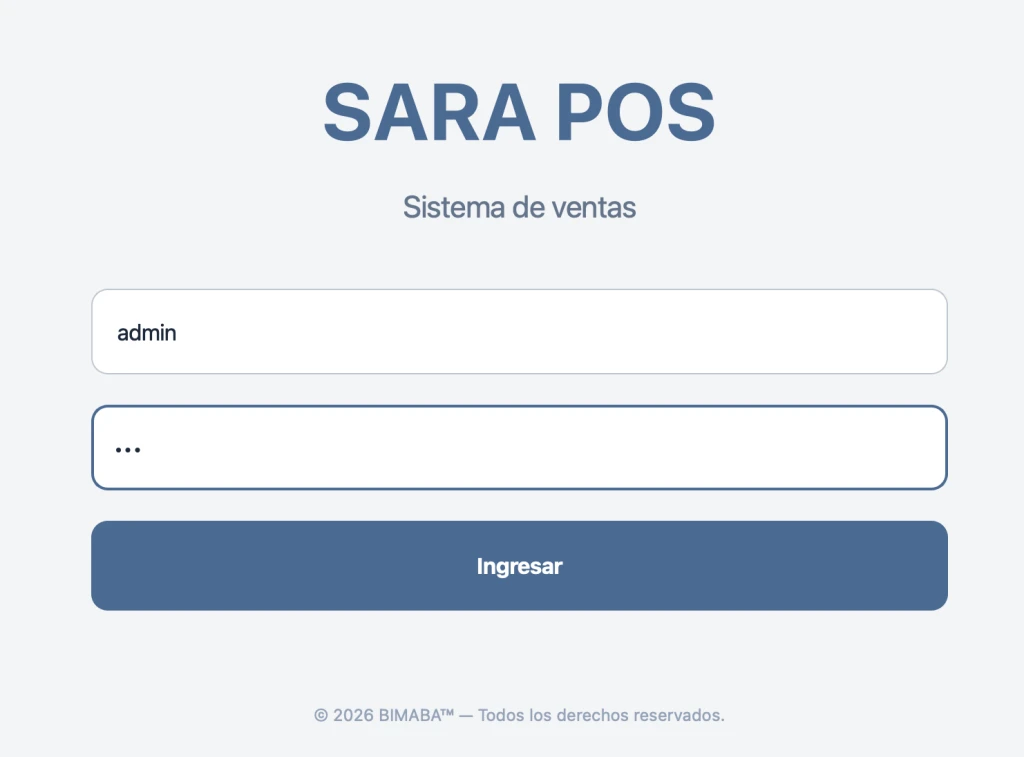 Pantalla de login SARA POS