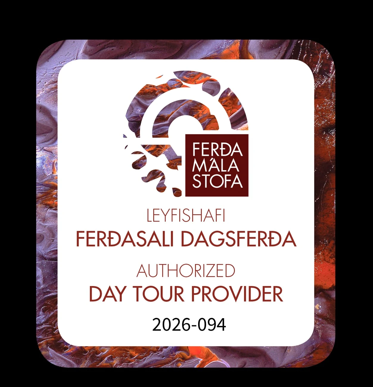 Official Day Tour Provider license for Nordis, authorized by Ferðamálastofa (Icelandic Tourist Board), license number 2026-094.