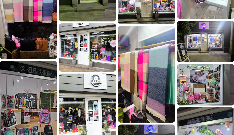 Fachada, vidriera e interior del local físico Belén Carteras en Olavarría 170 Dolores Buenos Aires