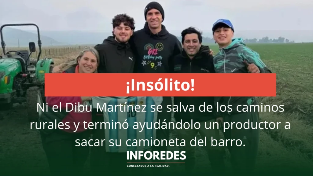 Ni el Dibu Martínez se salva de los caminos rurales y terminó ayudándolo un productor a sacar su camioneta del barro.