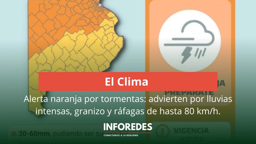 Alerta naranja por tormentas: advierten por lluvias intensas, granizo y ráfagas de hasta 80 km/h