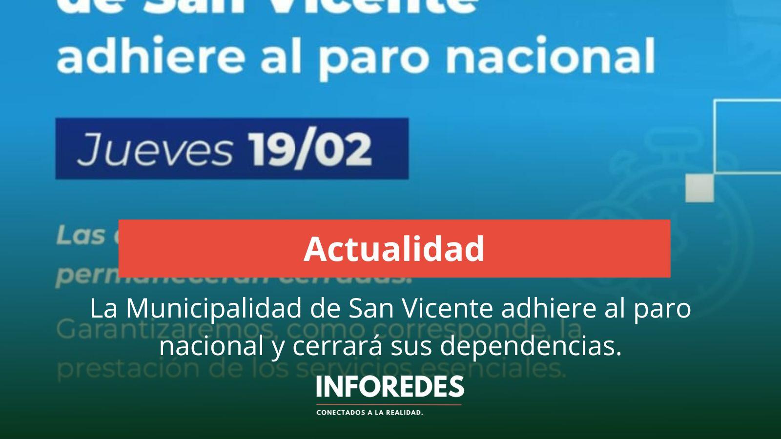 La Municipalidad de San Vicente adhiere al paro nacional y cerrará sus dependencias este jueves 19