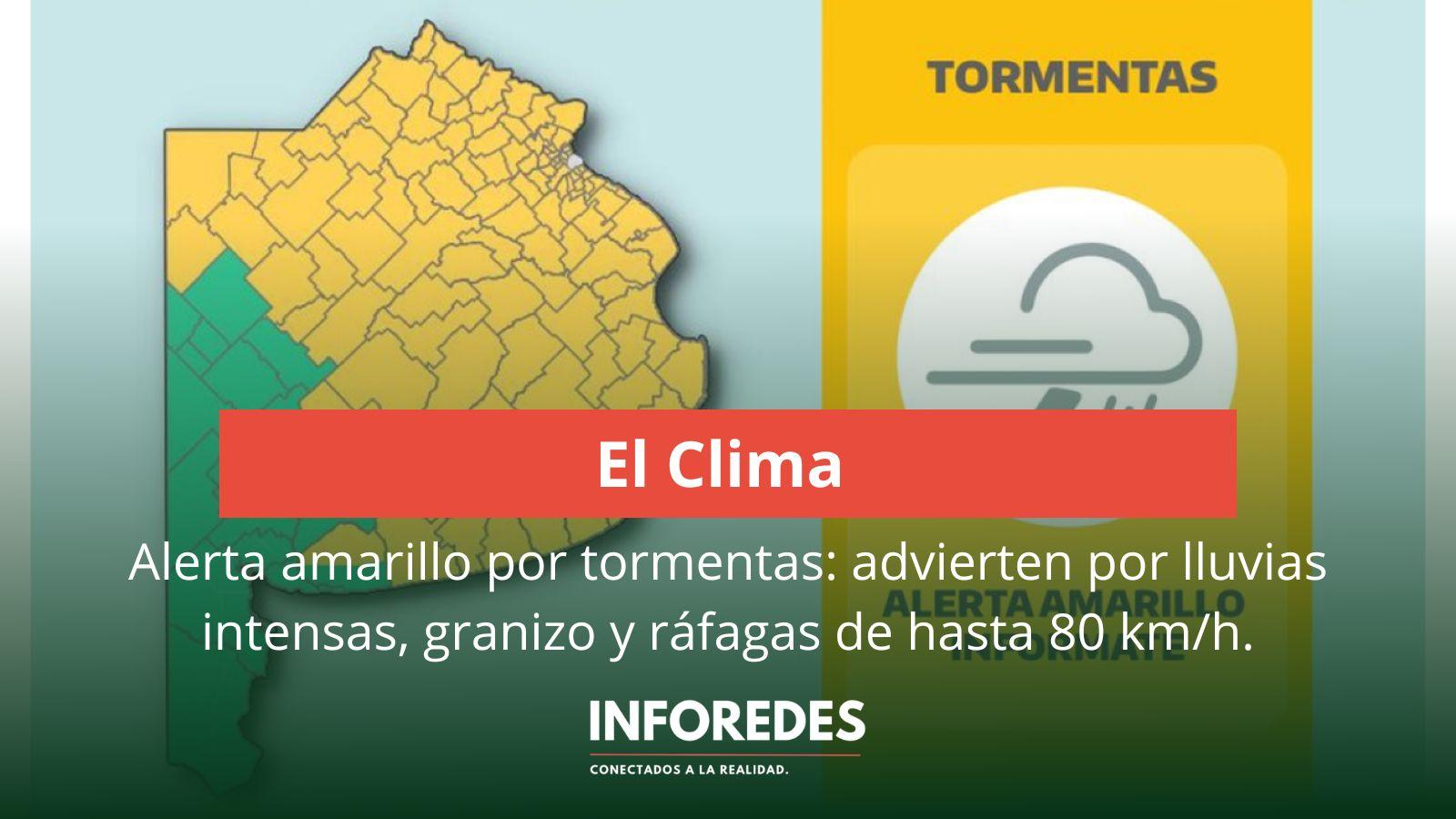 Alerta amarillo por tormentas: advierten por lluvias intensas, granizo y ráfagas de hasta 80 km/h