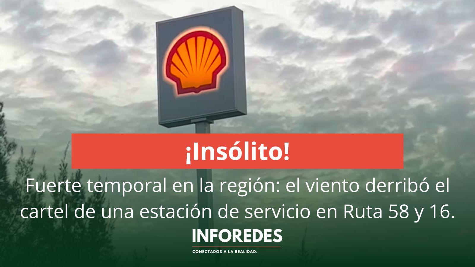 Fuerte temporal en la región: el viento derribó el cartel de una estación de servicio en Ruta 58 y 16