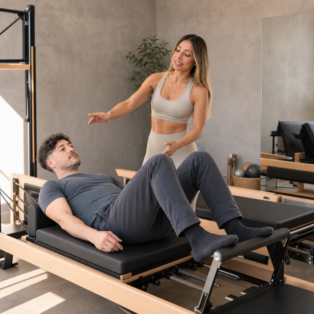 Clase semi-personalizada de Pilates Reformer en Estudio Malaver, Haedo, guiada por Gabri Encina