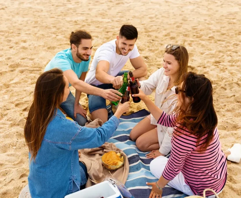 vecteezya-group-of-five-friends-sits-on-a-beach-blanket-raising53046656.webp