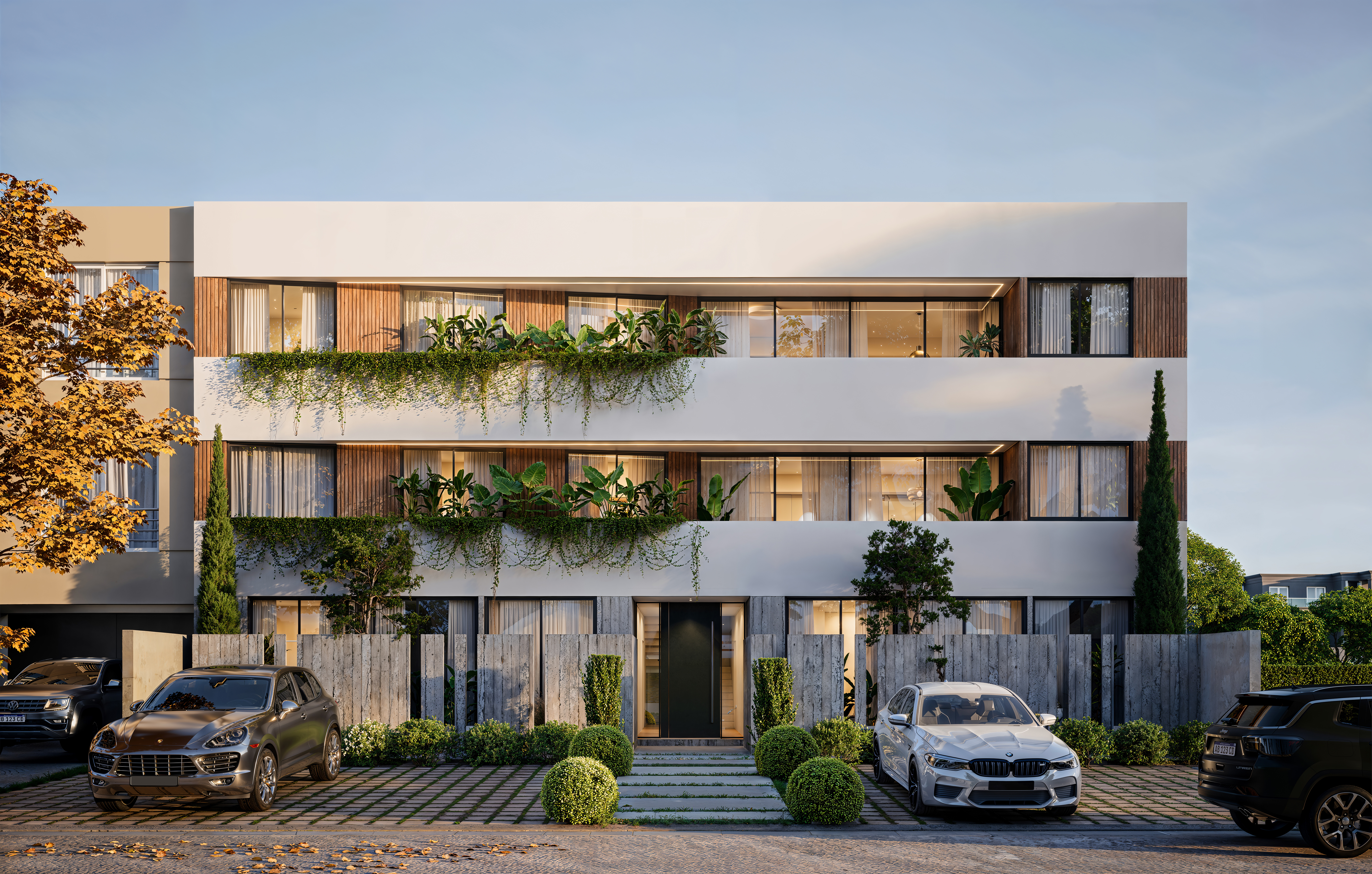 Exterior render of modern residential complex with greenery on terraces, ideal for real estate developers