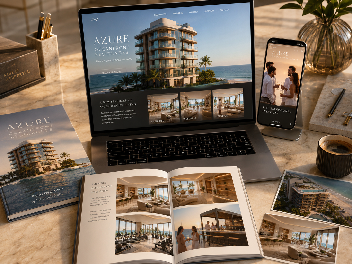 Real estate marketing materials with architectural renders for property development presentation
