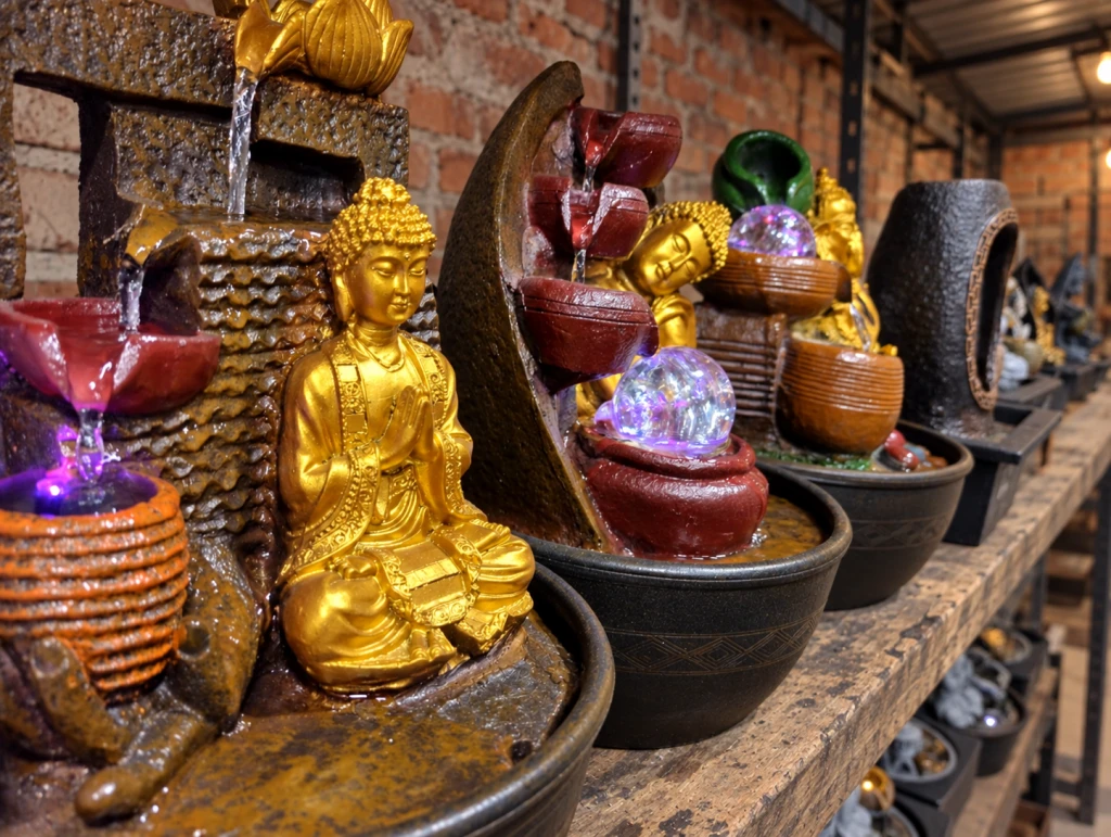 Fuentes decorativas con figuras de Buda, cascadas y luces en exhibición