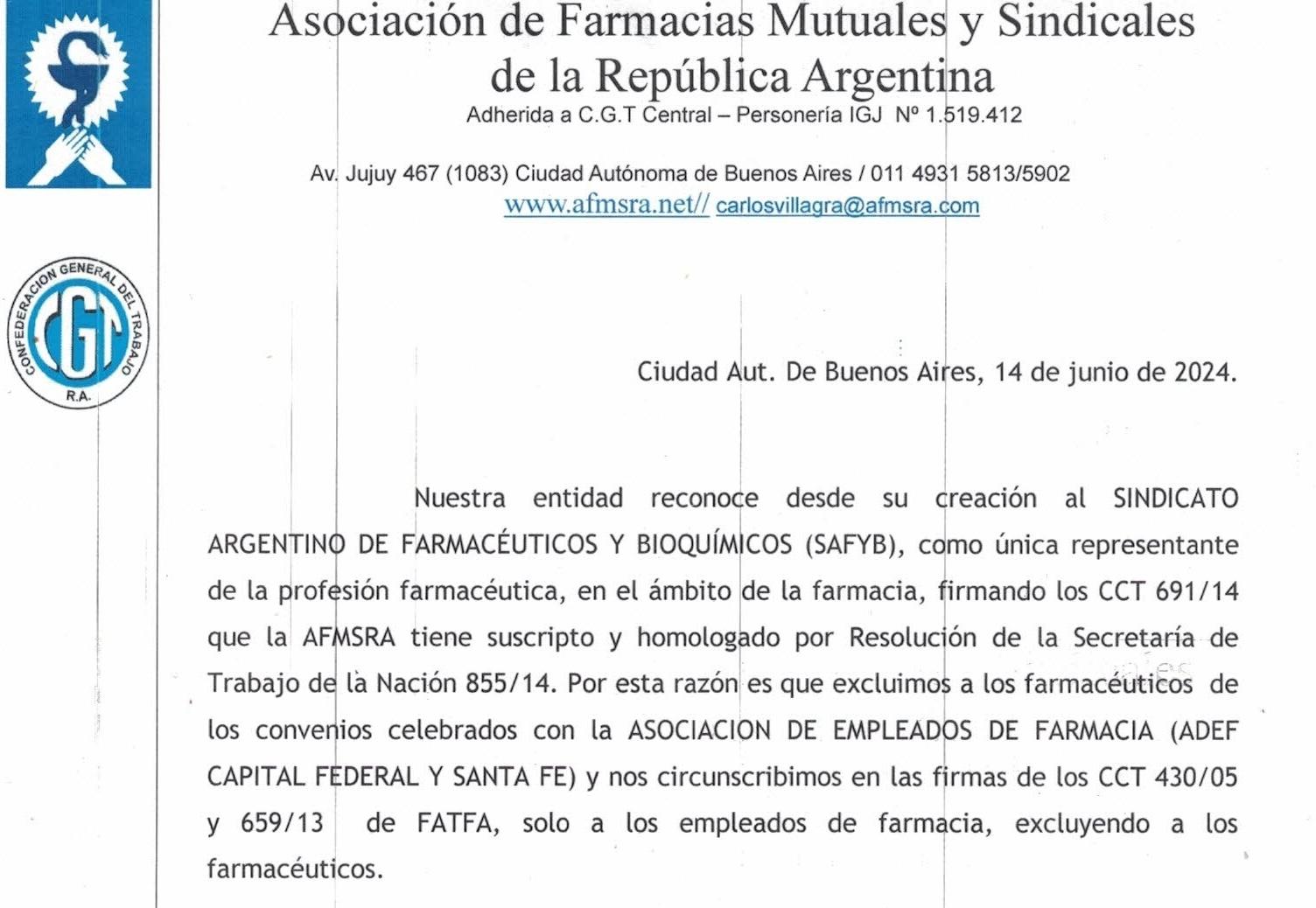 Los farmacéuticos de farmacias mutuales pertenecen al convenio de SAFYB