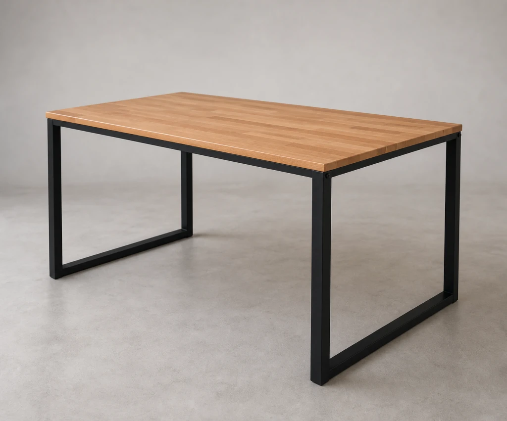 Mesa con estructura de carpintería metálica negra y tapa de madera