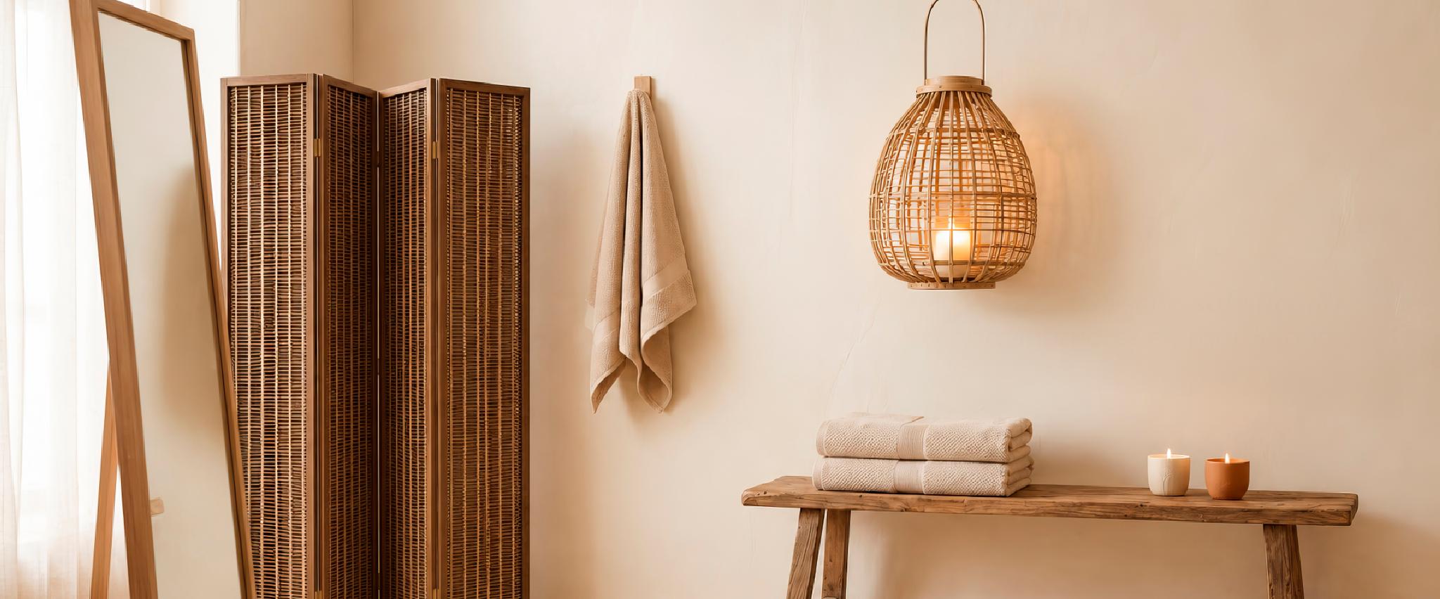 Ambiente cálido con lámpara, biombo, banco y objetos de decoración