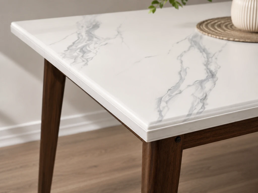 Detalle de mesa símil mármol blanco con vetas grises