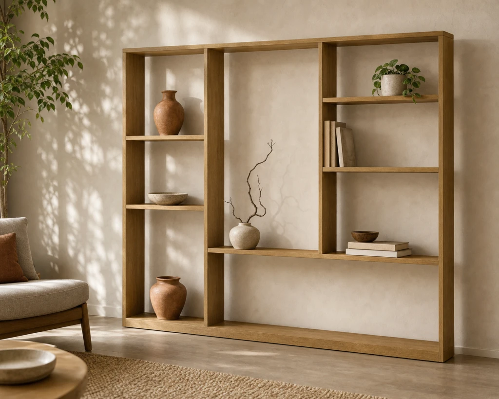 Estantería de madera a medida en un living cálido