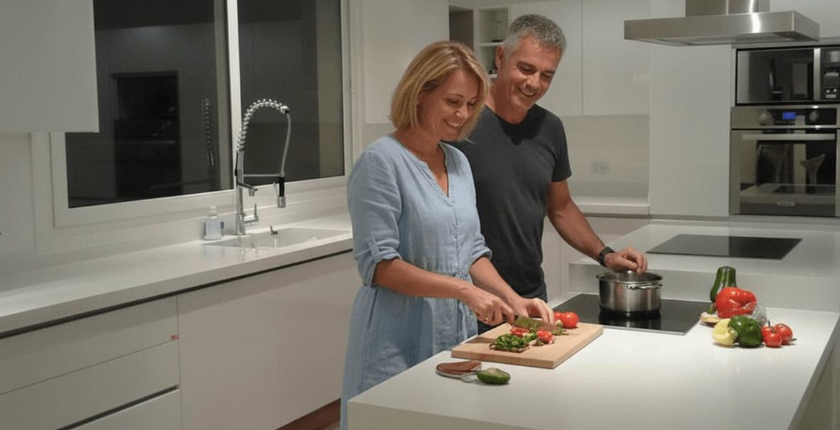 Mesada de cocina en superficie sólida sin uniones visibles. Material reparable y antibacteriano, alternativa a silestone granito marmol y la piedra. Fabricado por Ai-To en Nordelta Zona Norte.