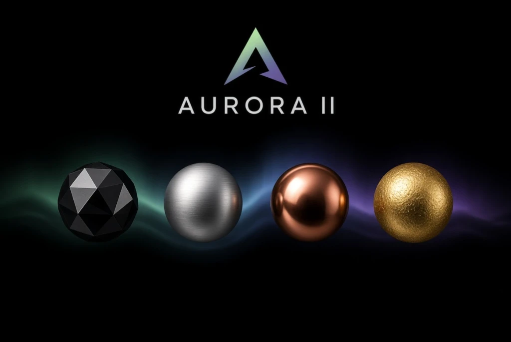 Aurora II: esferas de silicio, aluminio, cobre y oro ante una aurora de colores