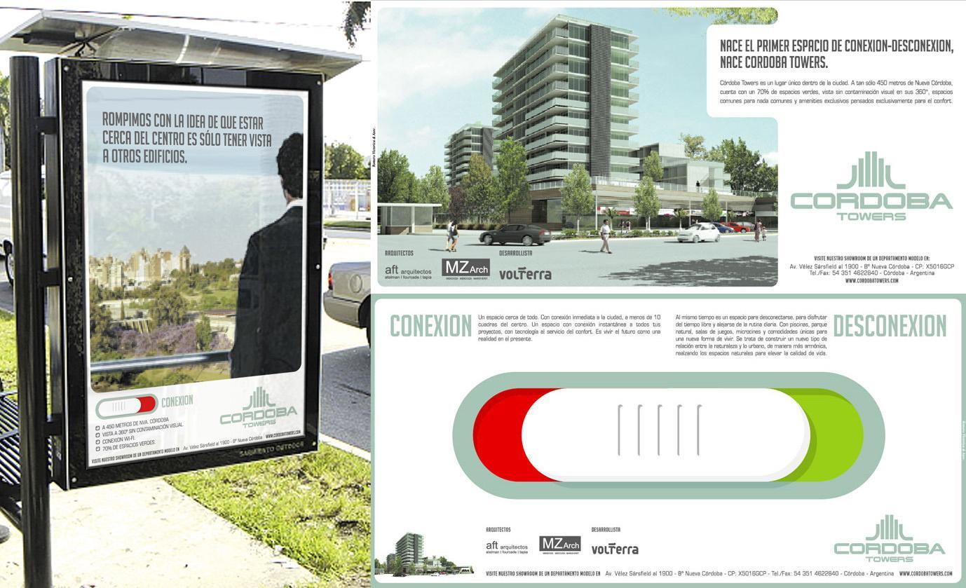 Lanzamiento branding Córdoba Towers - parada bus, aviso y brochure