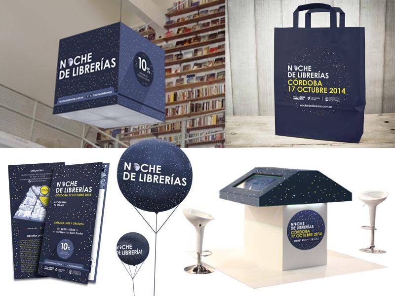 evento lanzamiento "noche de librerías" - colgante, bolsa, folleto, globos y pantallas interactivas