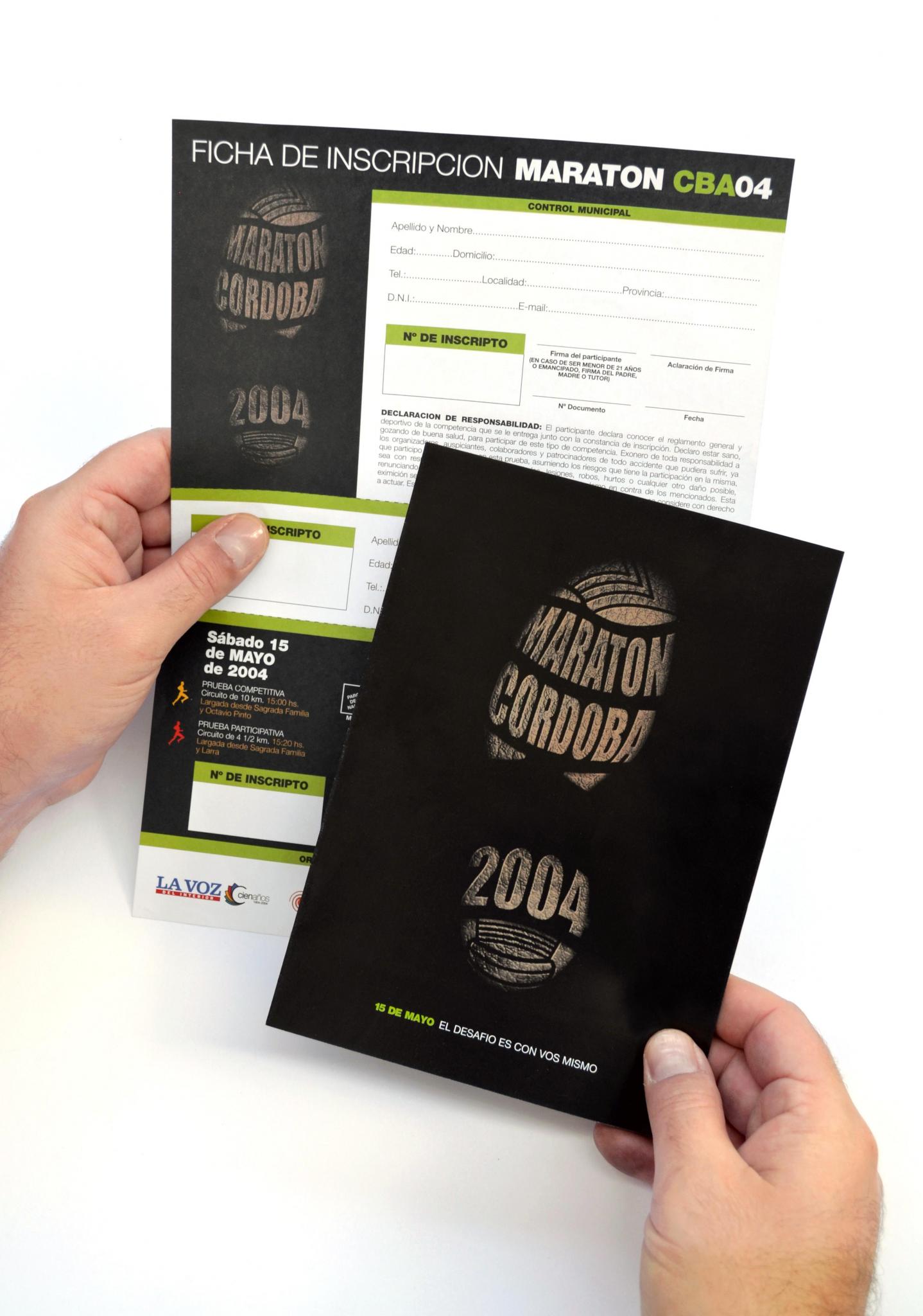 lanzamiento evento "maratón córdoba 2004" - ficha de inscripción y folleto